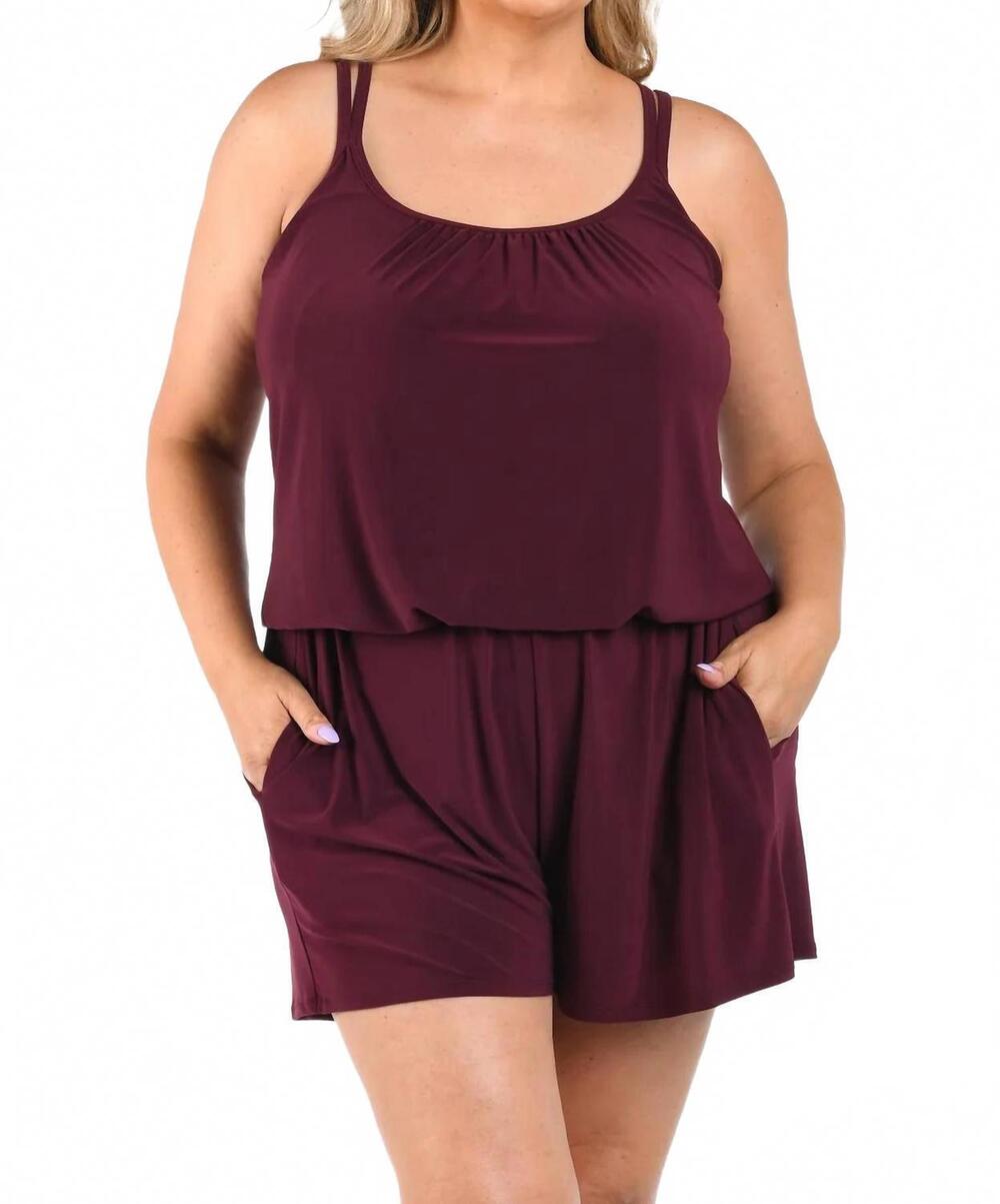 NEW MAXINE OF HOLLYWOOD swim romper one piece - plus in burgundy